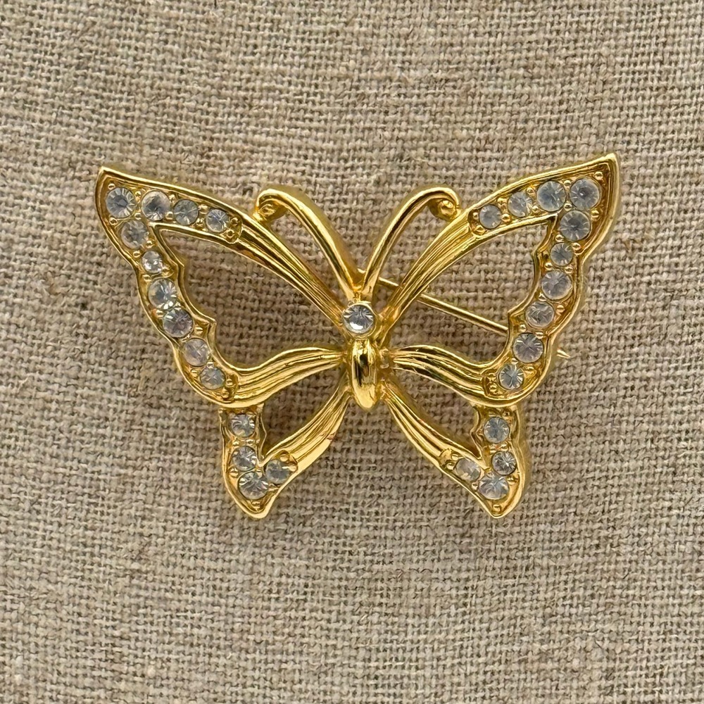 Monet Vintage Gold Tone Rhinestone Butterfly Brooch Pin Signed Jewelry